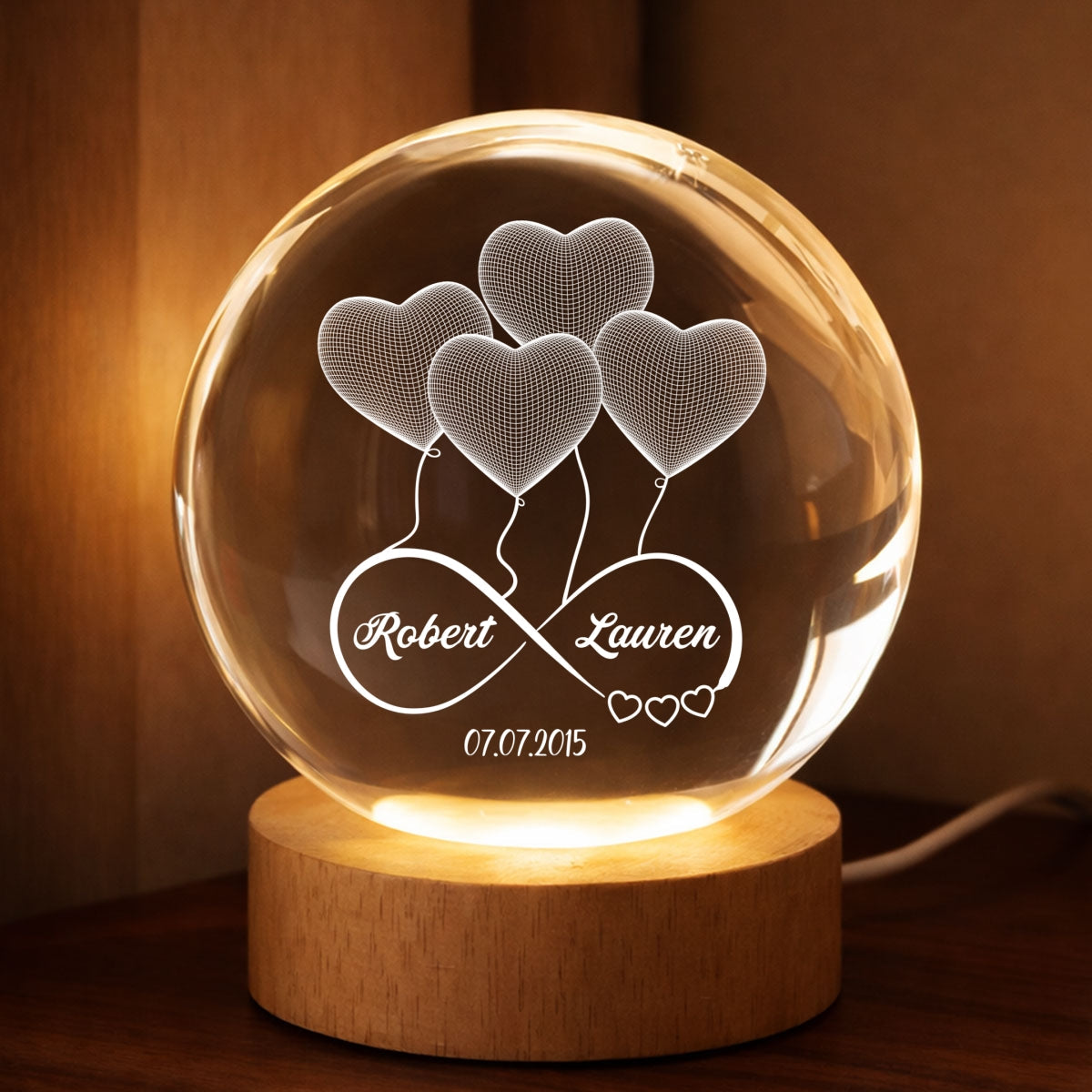 Couple Infinity Love Heart Balloon - Personalized Crystal Ball LED Night Light - Sentimental Gift for Her, for Him, Couple Keepsake