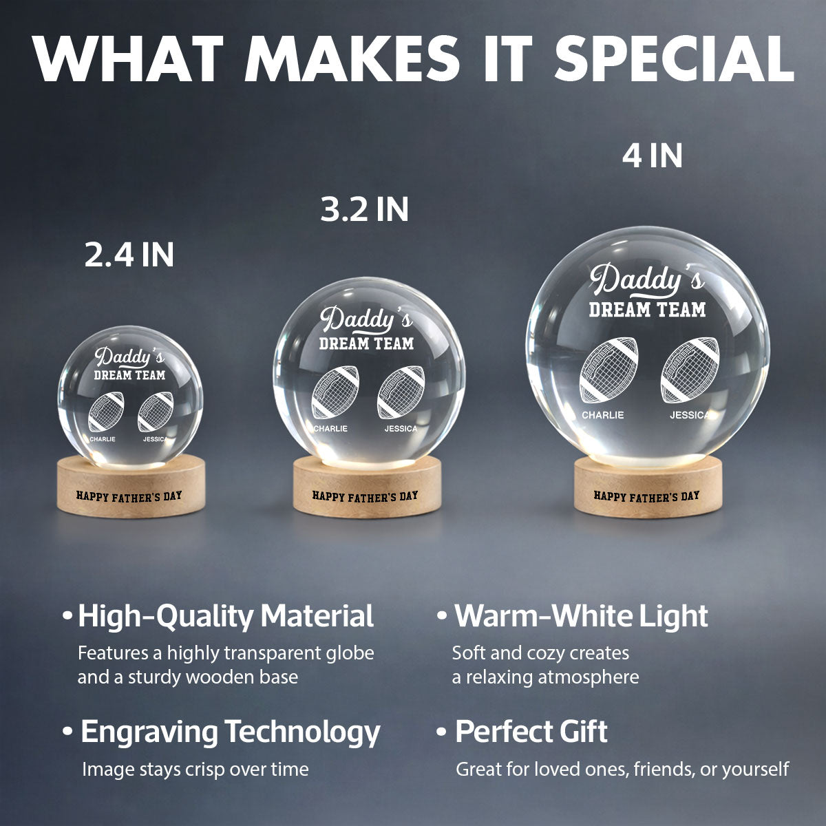American Football Daddy's Dream Team Illusion Style - Personalized Crystal Ball LED Night Light -  Gift For Dad, Husband