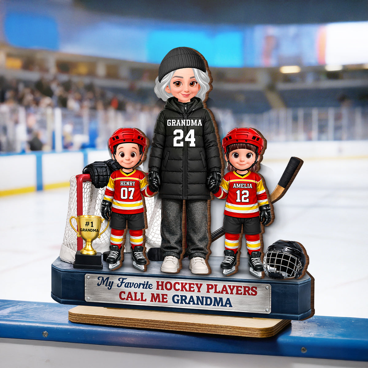 Grandma Hockey And Kids Together - Personalized 2-Layered Wooden Plaque - Heartfelt Gift For Grandma