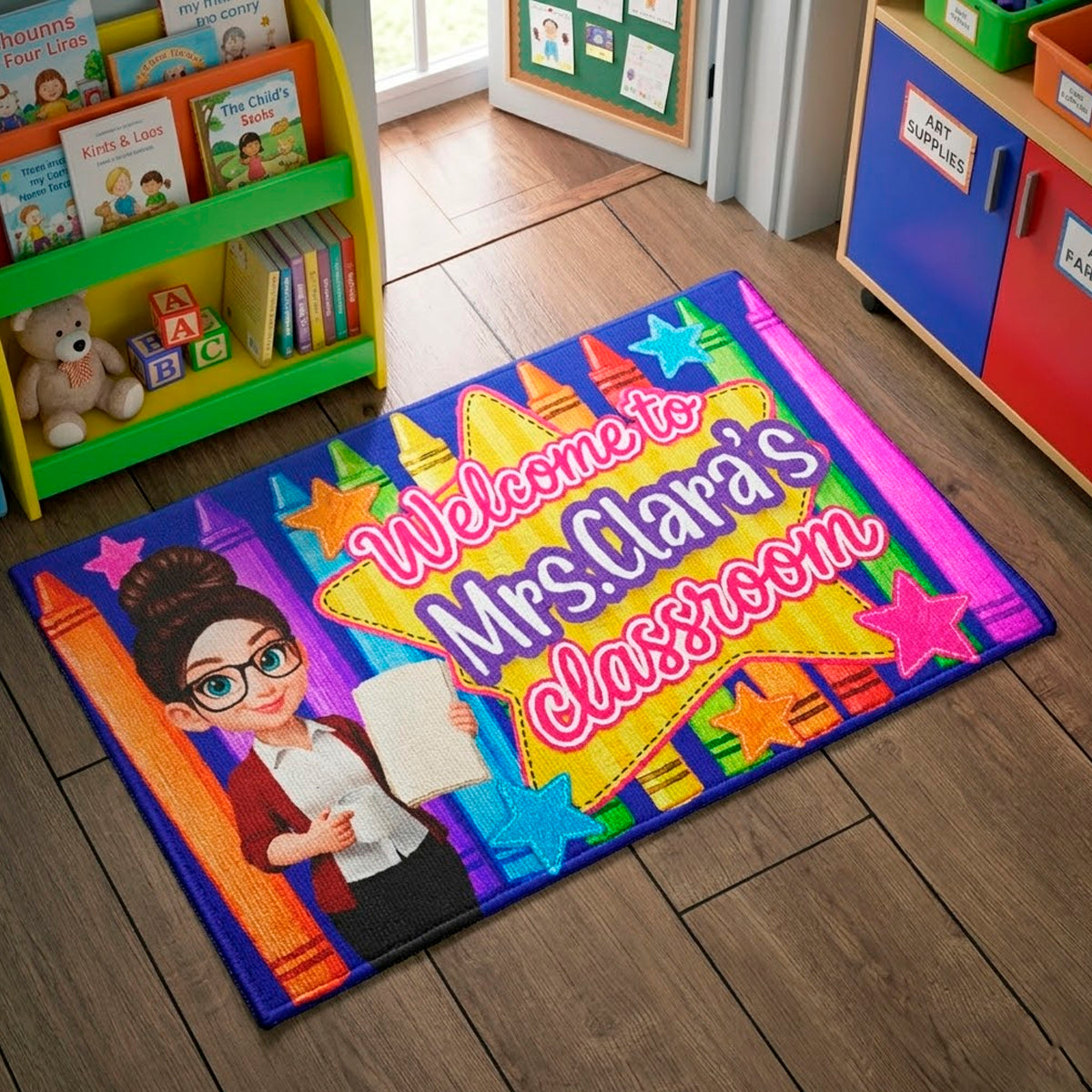 Welcome to Teacher Classroom Pencil Crayon - Personalized Doormat - Back to School Decor, Gift for Teacher