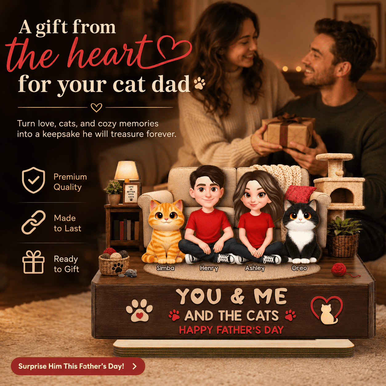 You & Me And The Cats Cozy Room 2D Flat - Personalized 2-Layered Wooden Plaque -  Gift For Cat Dad
