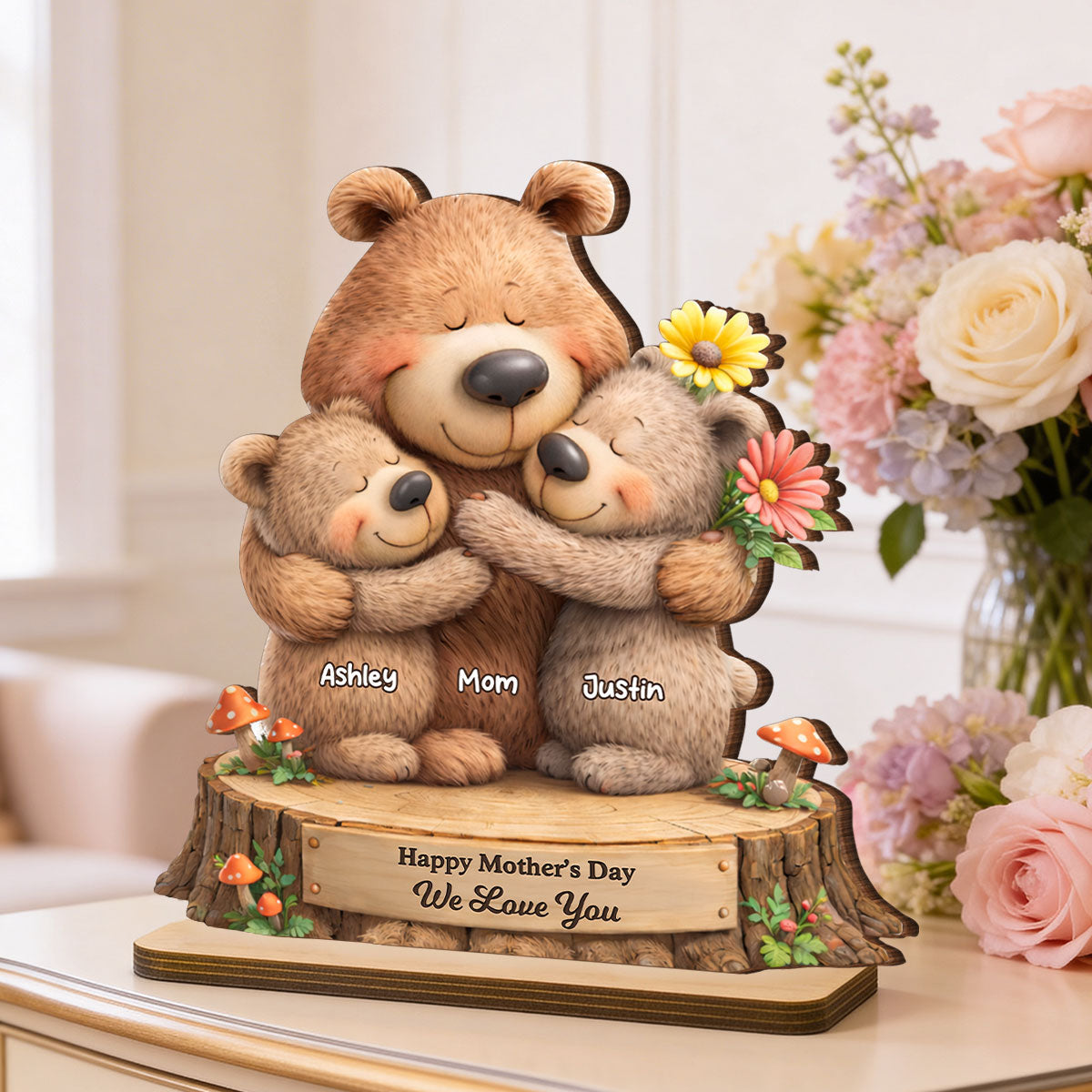 Loving Bears Mom & Kids - Personalized 2-Layered Wooden Plaque - Heartfelt Mother's Day Gift for Mom