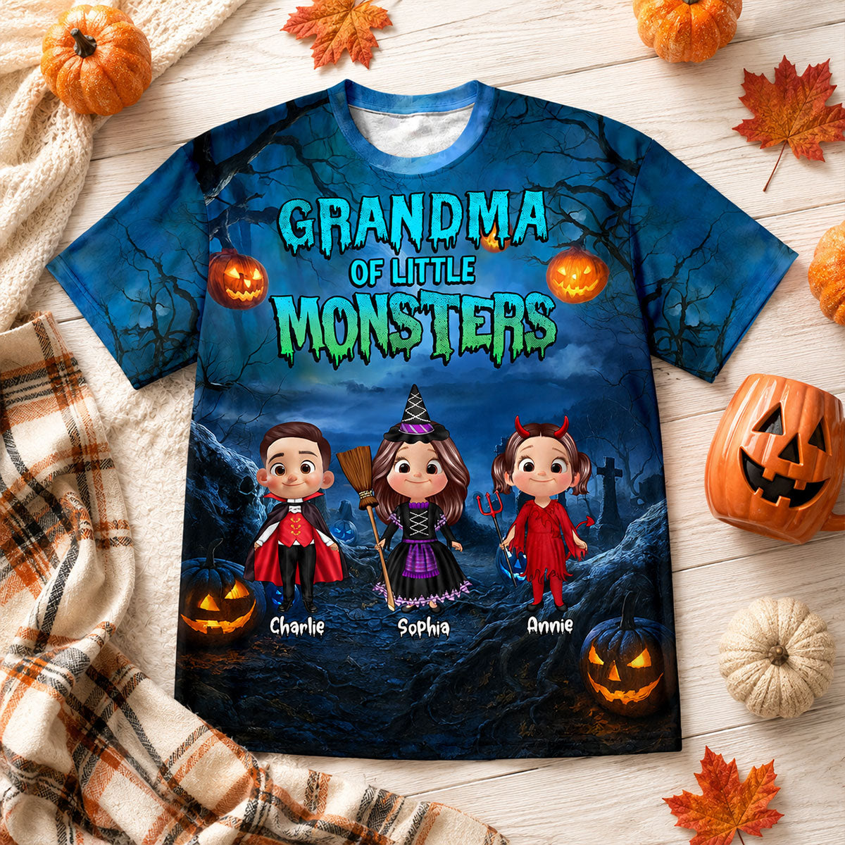 Halloween Night Grandma Grandkids Little Monsters - Personalized Shirt - Halloween Gift For Grandma