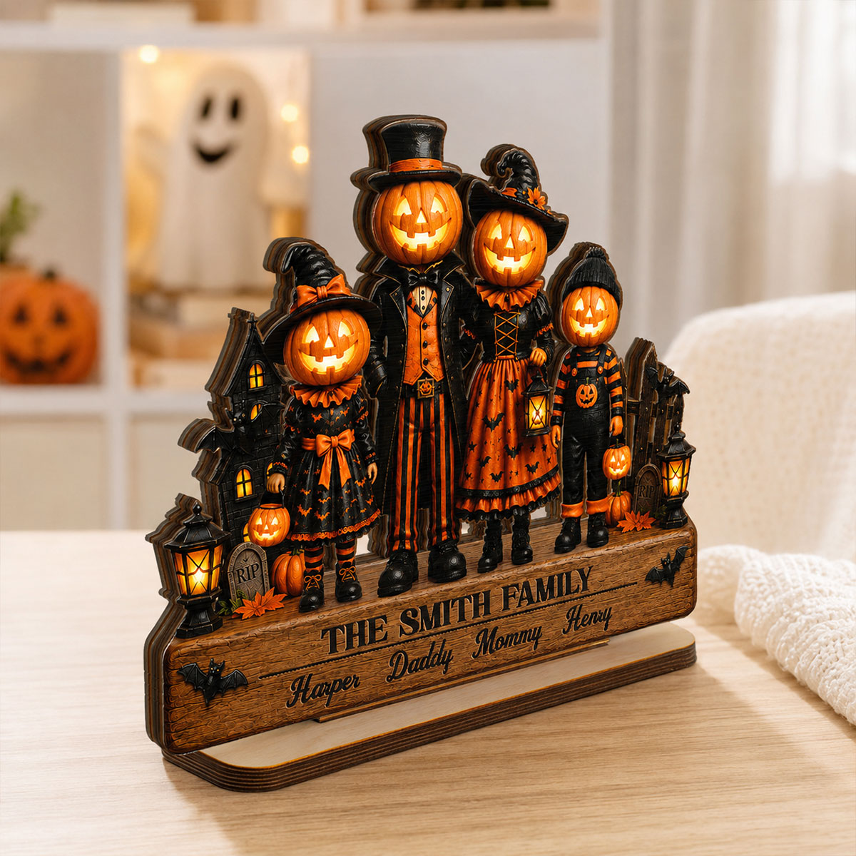 Halloween Jack-o'-lantern Family 2D Flat - Personalized Wooden Plaque