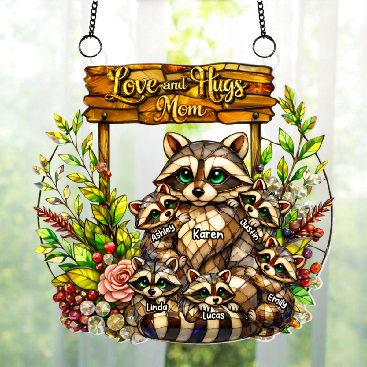 Raccoon Mom And Kids - Personalized Suncatcher - Gift For Mom, Grandma