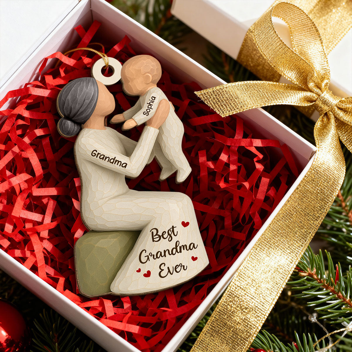 3D Effect Grandma Holding Grandkid - Personalized Wooden Ornament - Unique Christmas Gift for Grandma