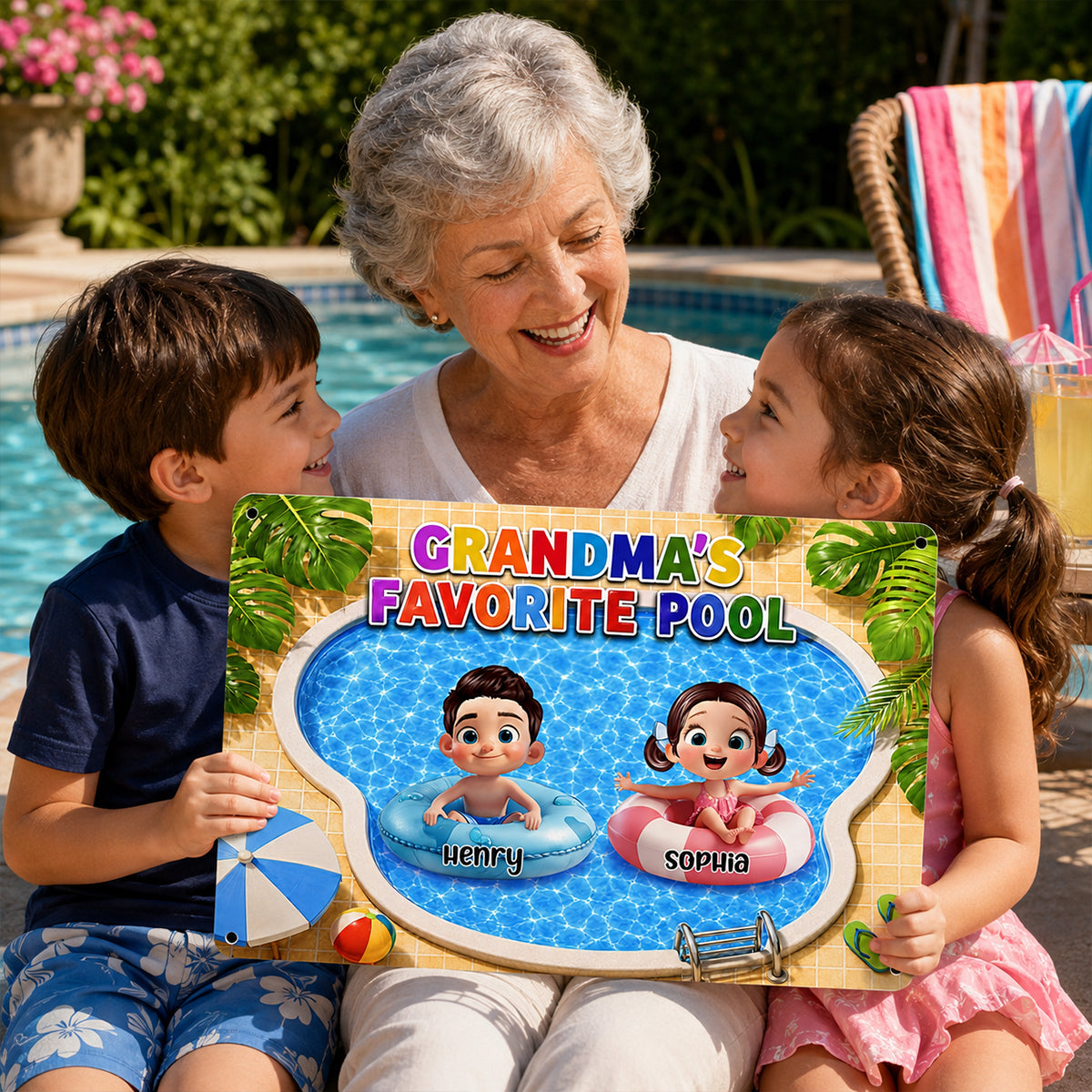 Grandma's Favorite Pool - Personalized Metal Sign - Summer Decor Gift for Grandma, Mom, Wife