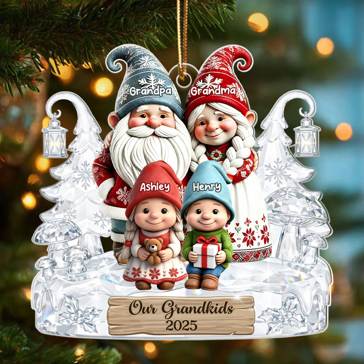 Grandpa Grandma And Grandkids Gnome Crystal Pattern - Personalized Acrylic Ornament - Heartwarming Christmas Gift For Grandma, Grandpa, Family