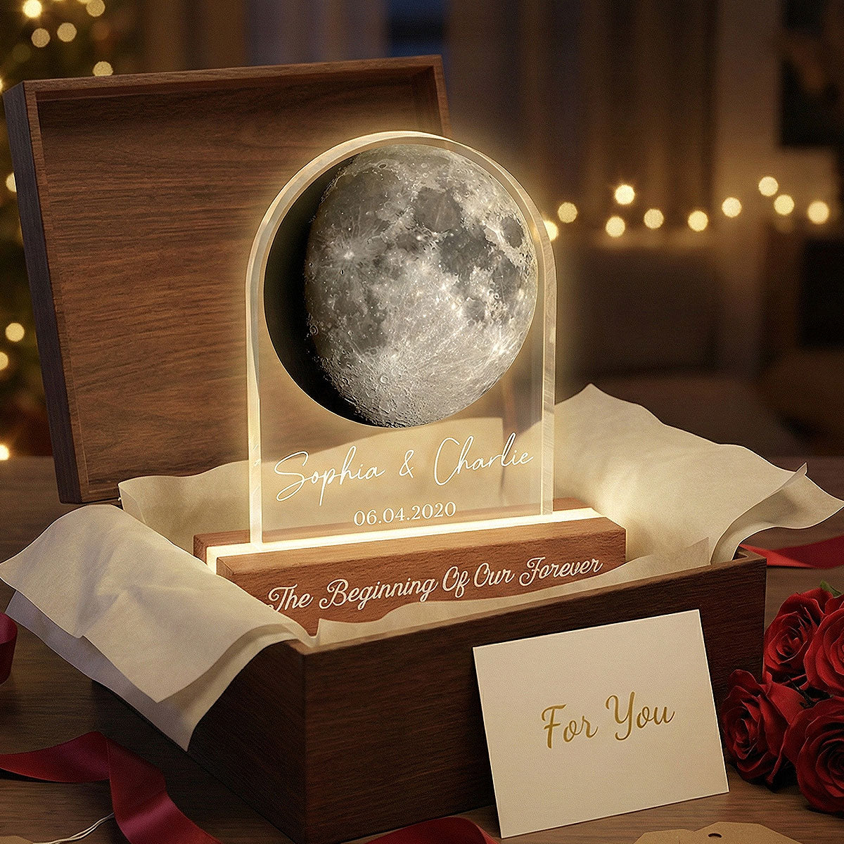 Forever Love Custom Couple Moon Phase Anniversary Date - Personalized Acrylic Block LED Night Light - Valentine's Day Gift For Couple, For Her, For Him
