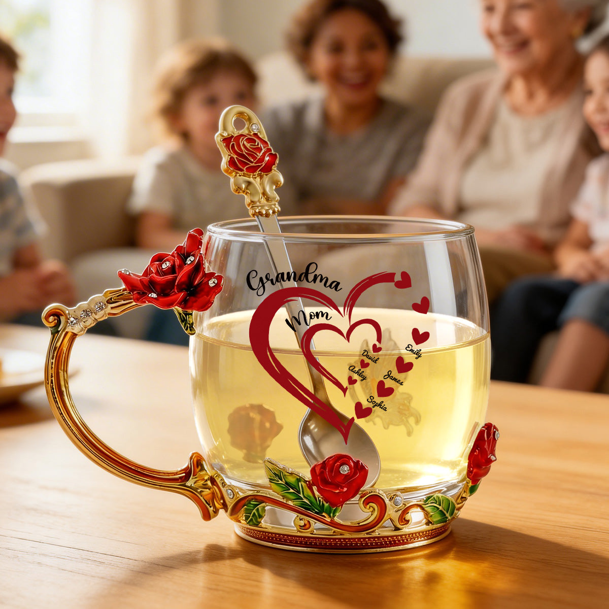 Grandma Mom Heart Custom Kids Names - Personalized Enamel Flower Tea Cup - Gift For Grandma, Mom