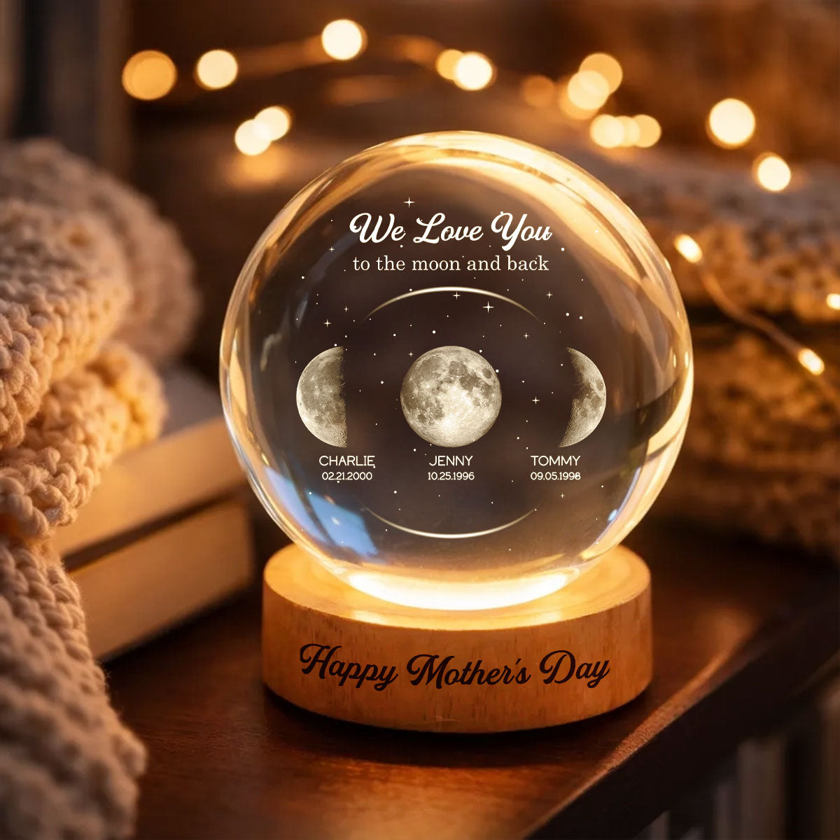 Love to the Moon and Back, Custom Moon Phase by Date - Personalized Crystal Ball LED Night Light - Mother's Day Gift for Mom, Wife