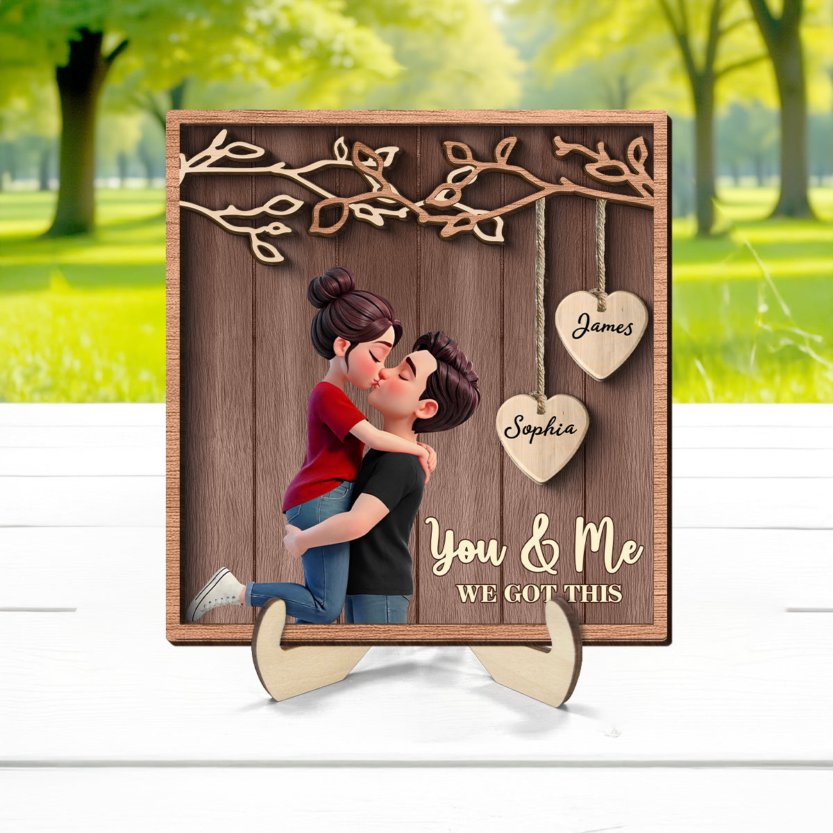Couple Hugging Kissing Under Eternal Tree Of Love - Personalized 2-Layered Wooden Plaque - Gift For Couple