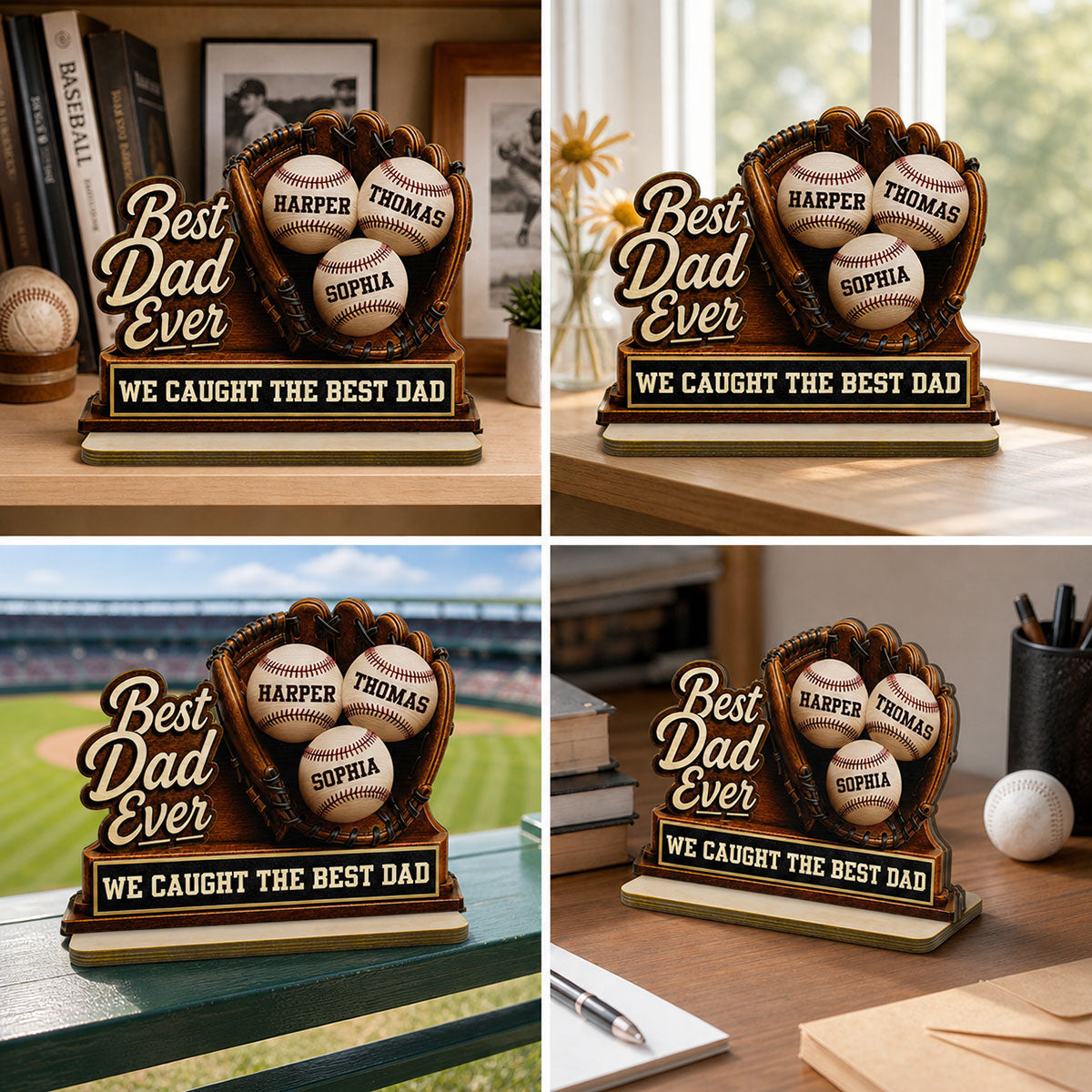 We Caught The Best Dad Baseball Glove - Personalized 2-Layered Wooden Plaque - Happy  For Baseball Dad