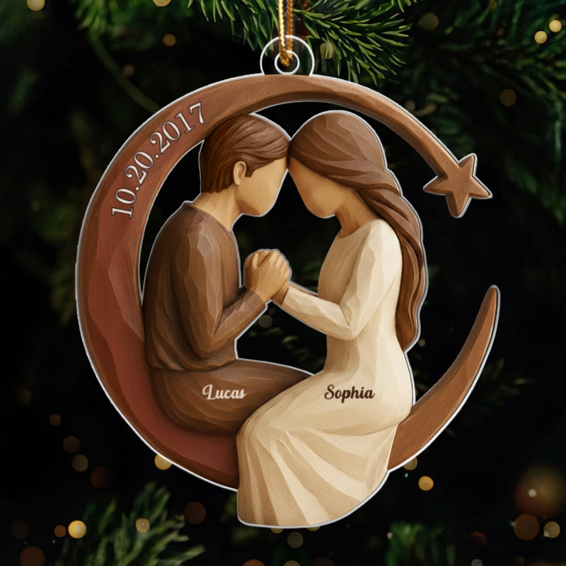 Couple I Love to the Moon and Back 3D Wooden Effect - Personalized Acrylic Ornament - Christmas Gift for Couples