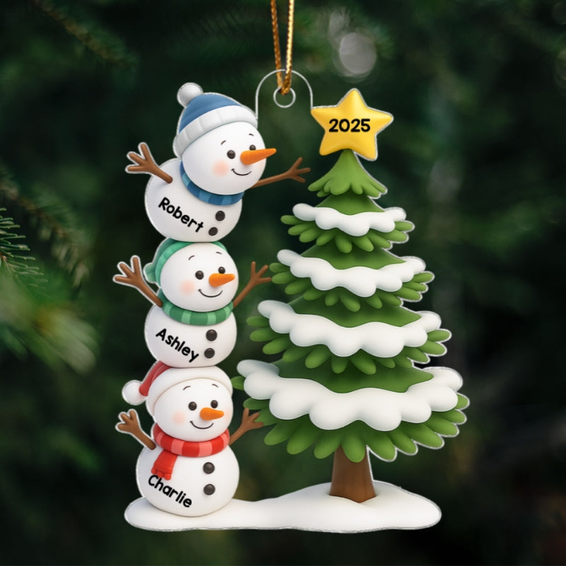 Snowman Family Stack 3D Effect Christmas Tree - Personalized Acrylic Ornament