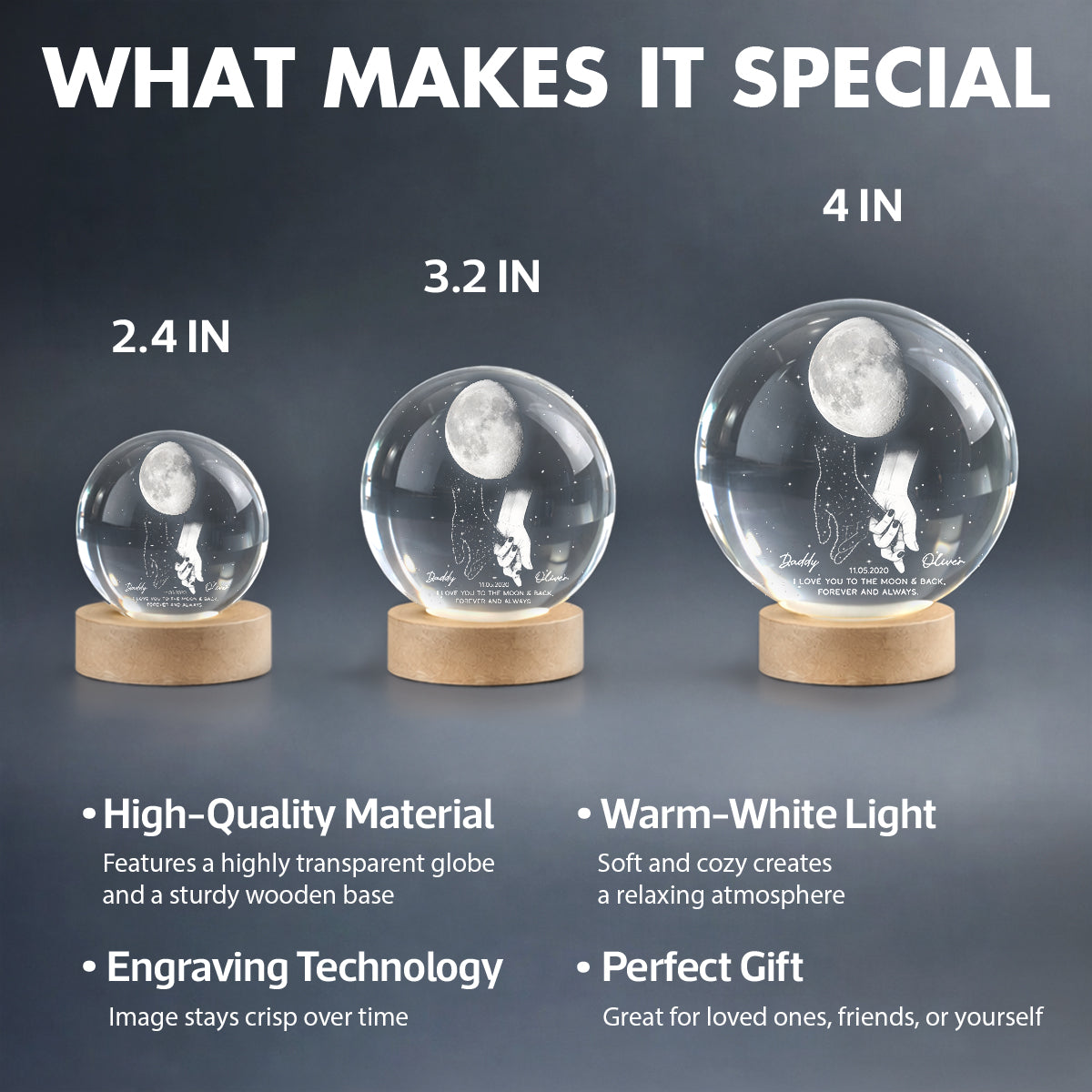 Lost Loved One Holding Hands Moon Phase Galaxy Art - Personalized Crystal Ball Night Light - Memorial Sympathy Gift