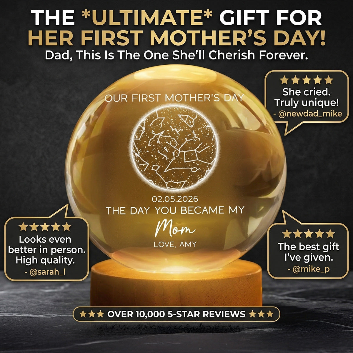 The Day You Became My Mom Custom Star Map First Mother's Day - Personalized Crystal Ball LED Night Light - First Mother's Day Gift For New Mom