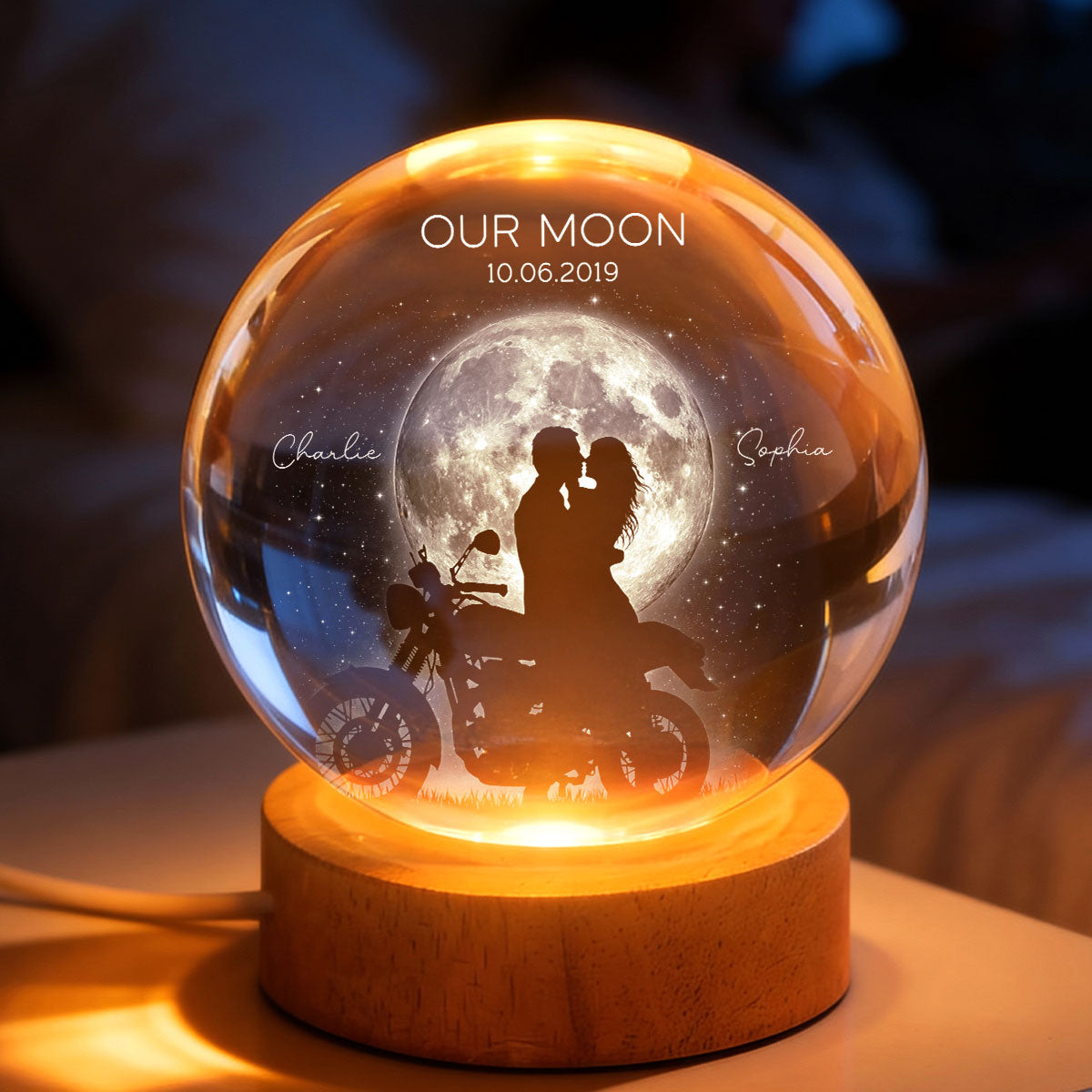 Biker Couple in the Moonlight, Custom Moon Phase by Date - Personalized Crystal Ball LED Night Light - Heartfelt Valentine's Day Gift for Her, for Him
