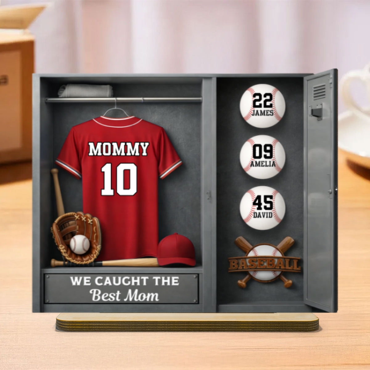 Mom Kids Baseball Locket Room - Personalized 2-Layered Wooden Plaque - Gift For Mom