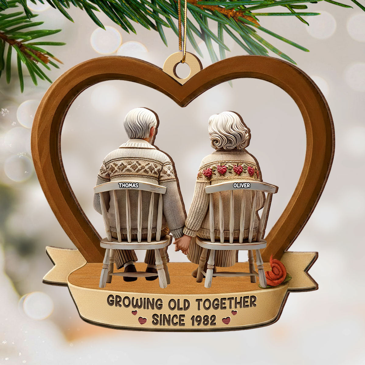 3D Back View Old Couple Growing Old Together - Personalized Wooden Ornament