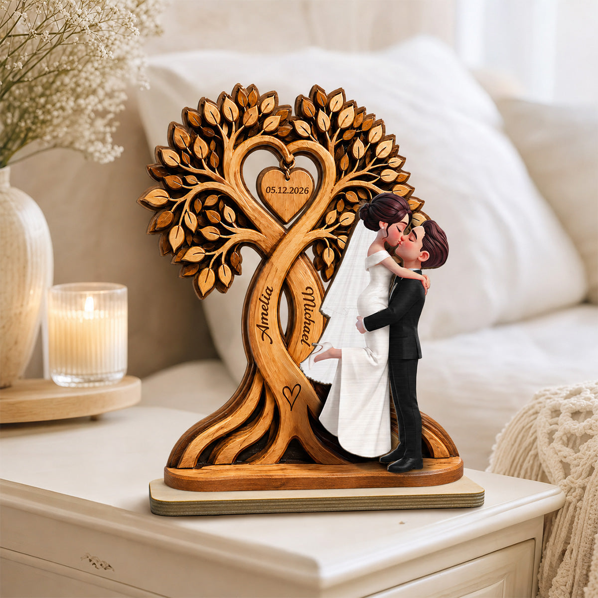 Wedding Couple Heart Tree - Personalized Wooden Plaque - Wedding Anniversary Gift, Rustic Wedding Gifts