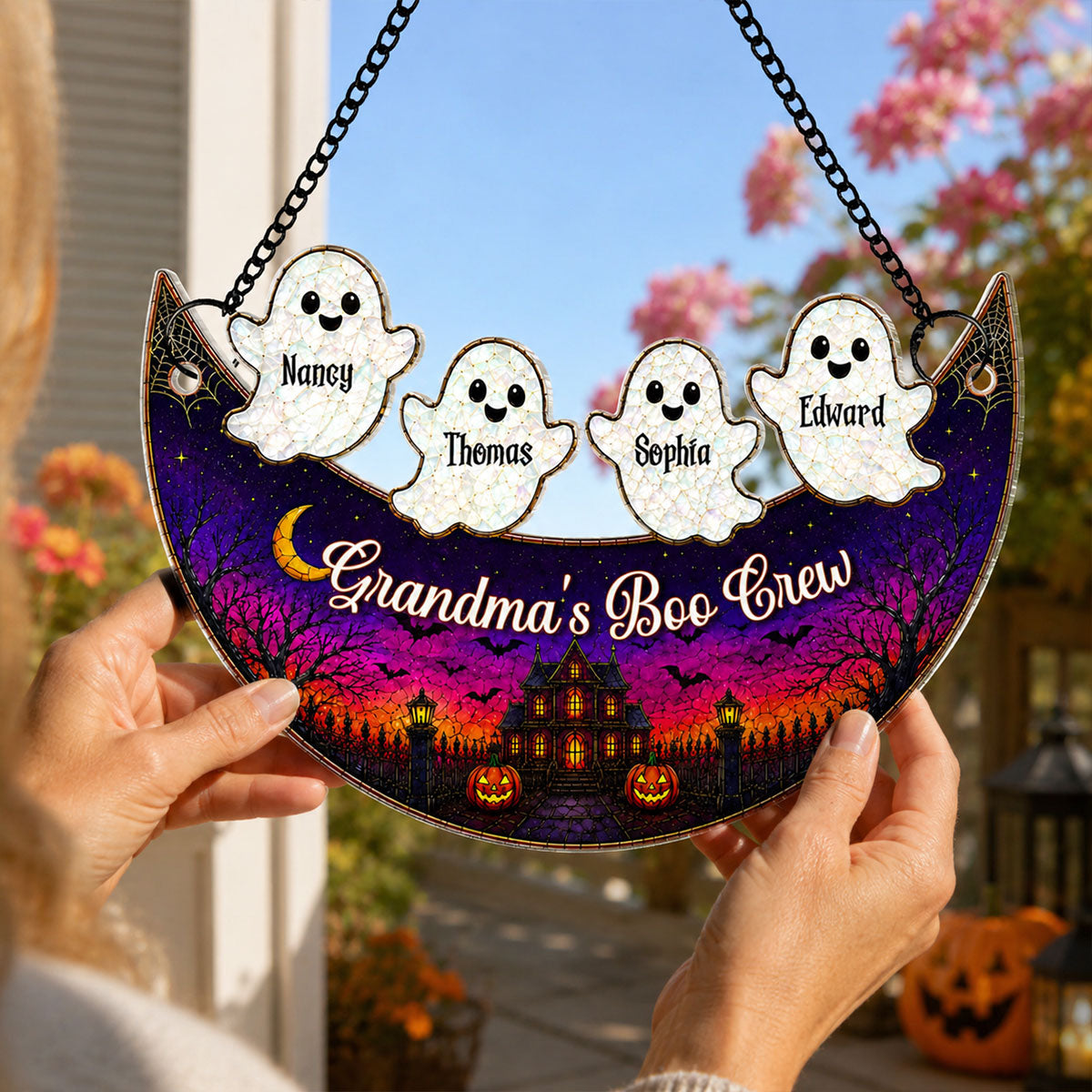 Grandma Boo Crew On Moon - Personalized Acrylic Window Hanging Decor - Halloween Decoration