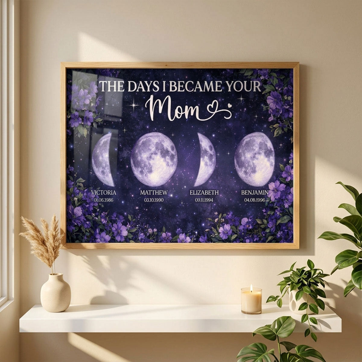 Purple Flowers The Day You Became Mom Grandma Custom Birth Moon Phase - Personalized Poster - Mother's Day Gift For Mom, Grandma