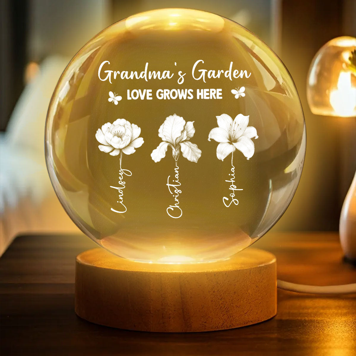 Grandma's Garden 3D Effect Birth Month Flowers - Personalized Crystal Ball LED Night Light