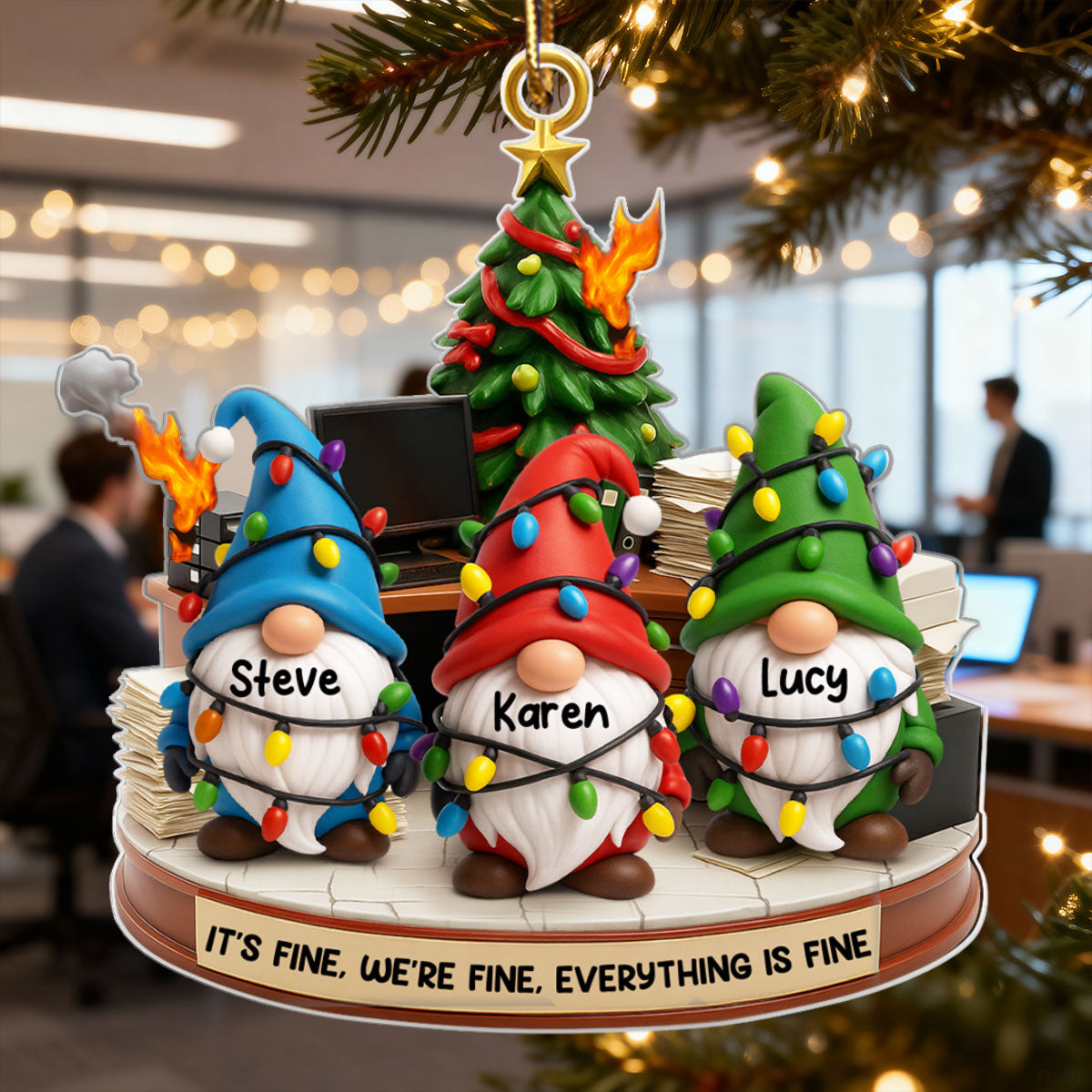 Office Chaos It's Fine We're Fine Gnome - Personalized Acrylic Ornament - Christmas Gift for Coworkers, White Elephant, Secret Santa Gift