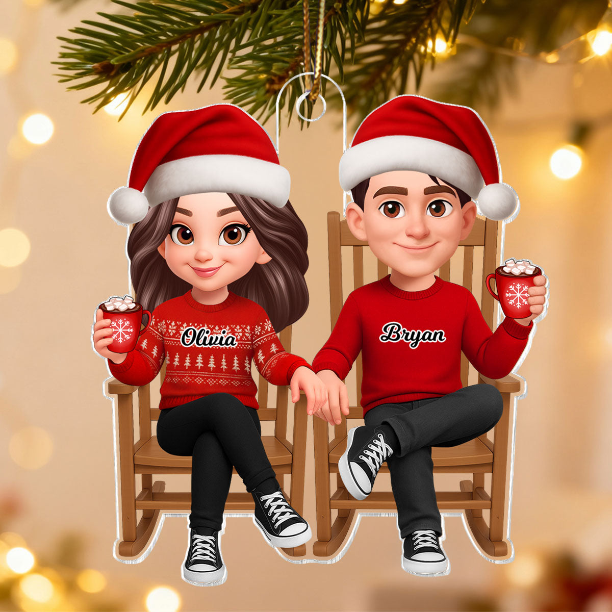 3D Effect Christmas Couple Sitting On Rocking Chair - Personalized Acrylic Ornament - Heartfelt Gift For Couple