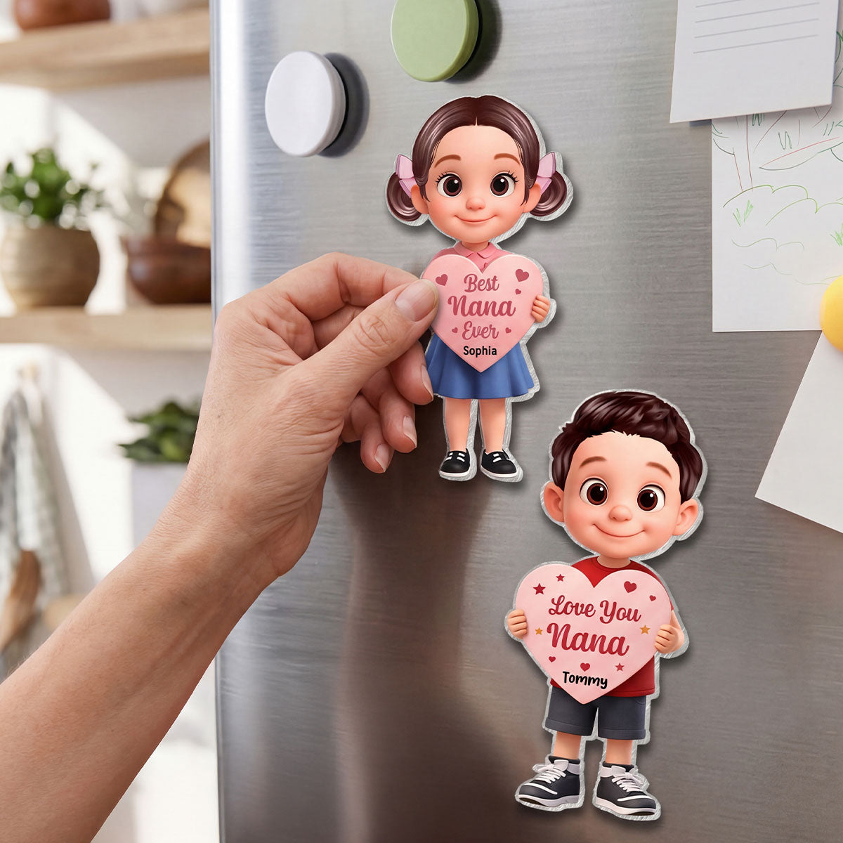 Kid Holding Heart - Personalized Acrylic Fridge Magnet - Mother's Day Gift for Grandma, Mom, Wife