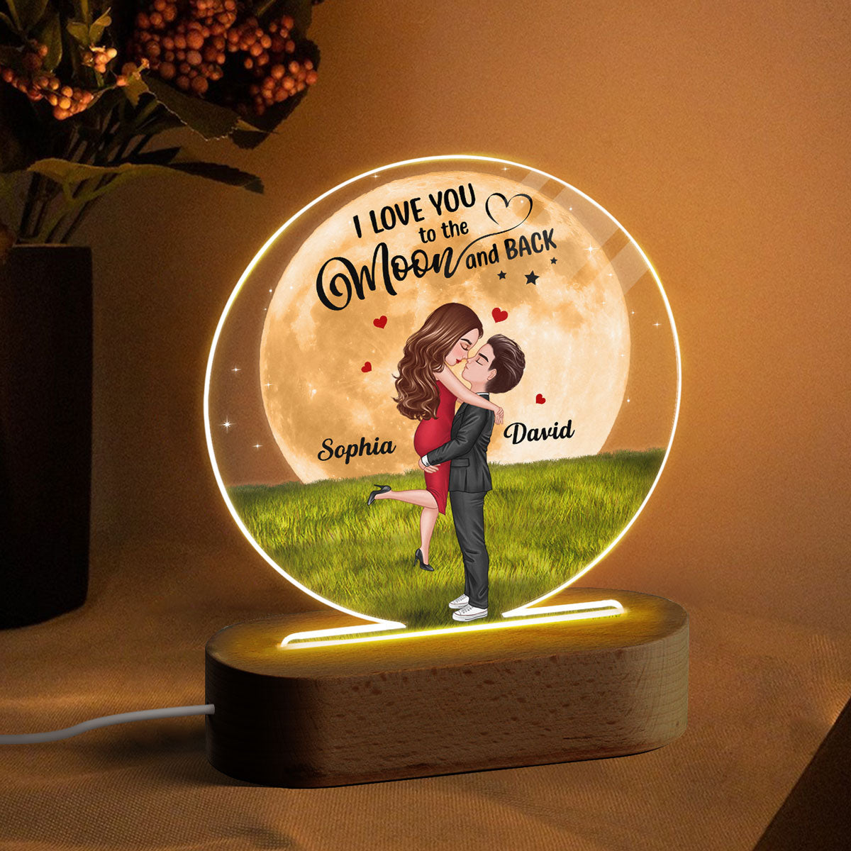 Big Moon Hugging Couple Personalized Circle Acrylic LED Night Light LED Lamp