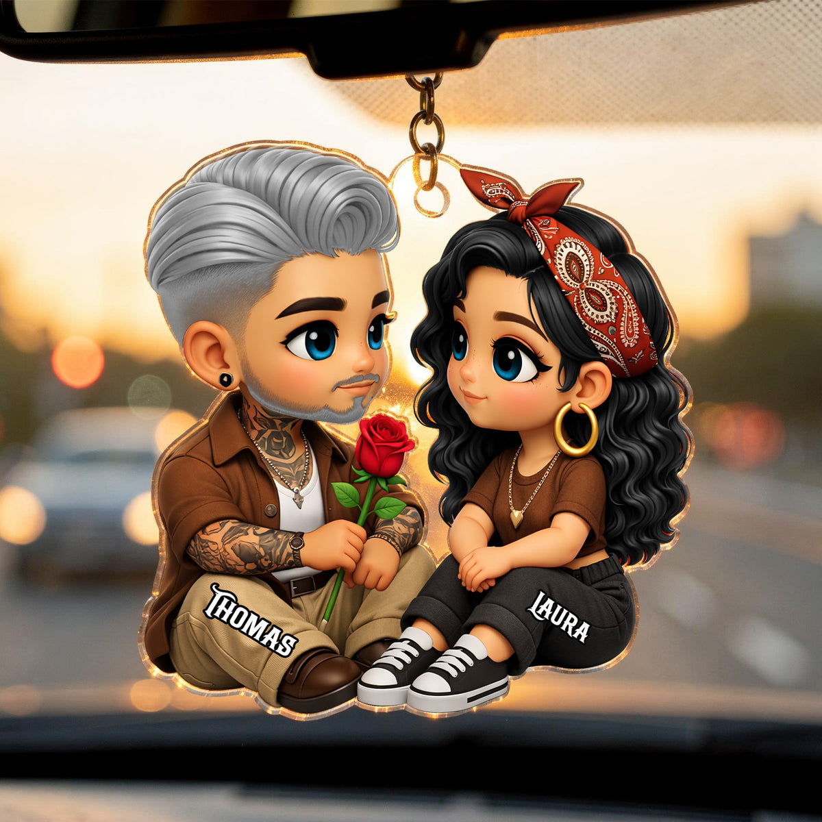 3D Effect Cute Couple A Rose For You - Personalized Acrylic Car Hanger - Valentine's Gift For Him, For Her, For Couple