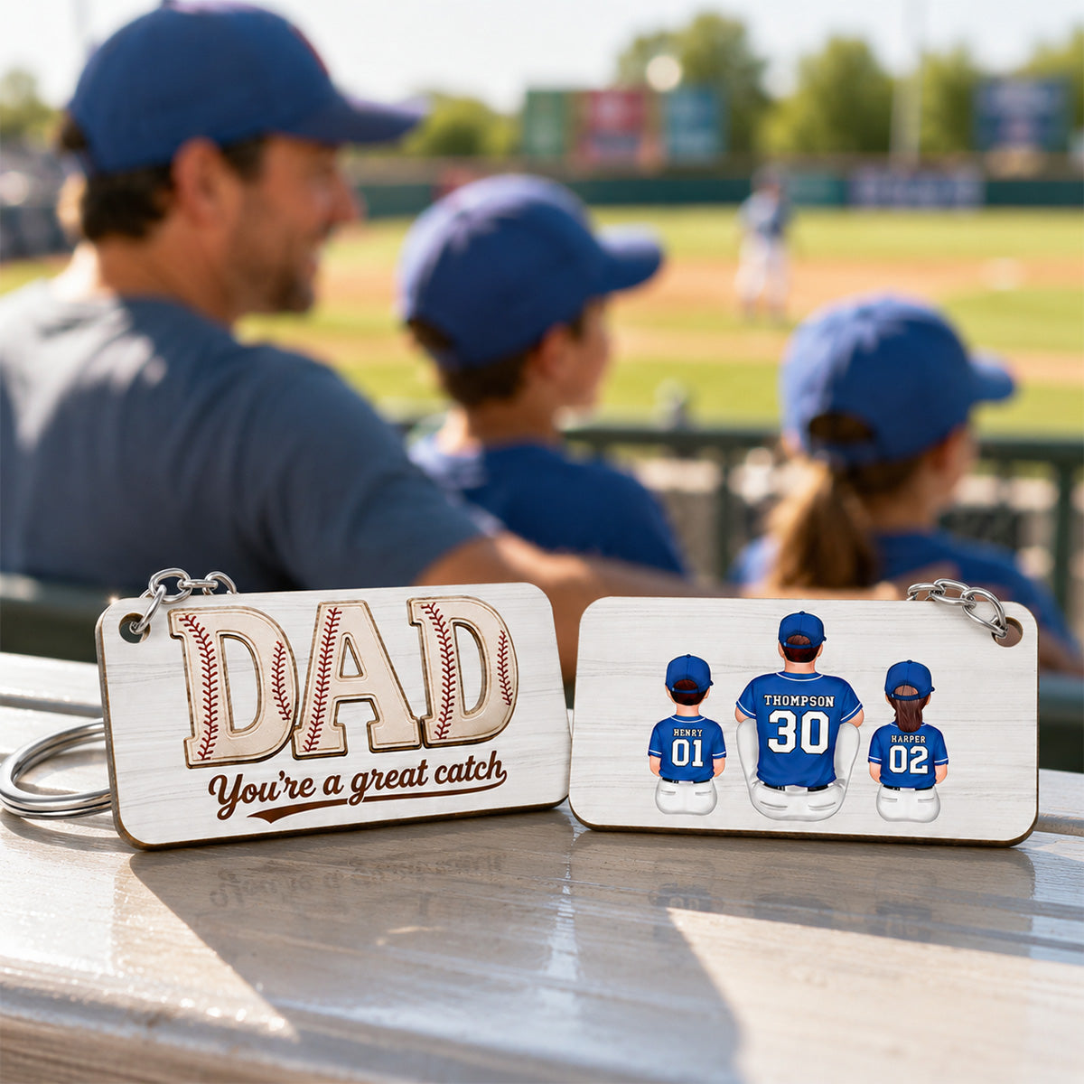 Dad We Love You Baseball Man & Kids Sitting - Personalized Wooden Keychain - Father's Day Gift For Basketball Dad