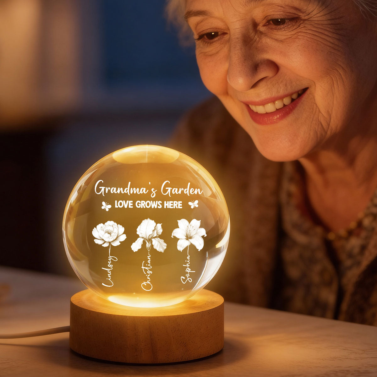 Grandma's Garden 3D Effect Birth Month Flowers - Personalized Crystal Ball LED Night Light