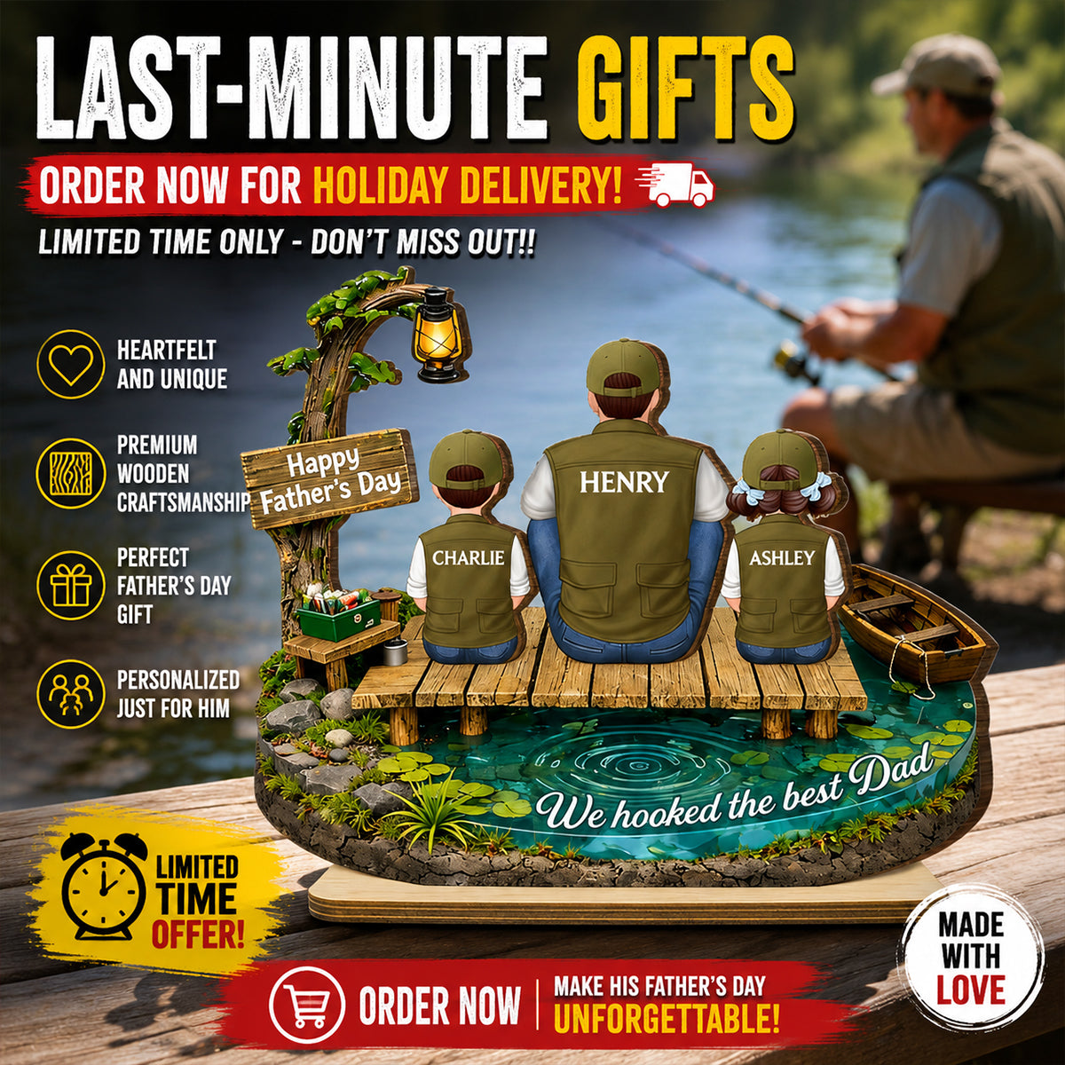 We Hooked The Best Dad Fishing - Personalized 2-Layered Wooden Plaque - Heartfelt Gift For Dad, Gift For Husband