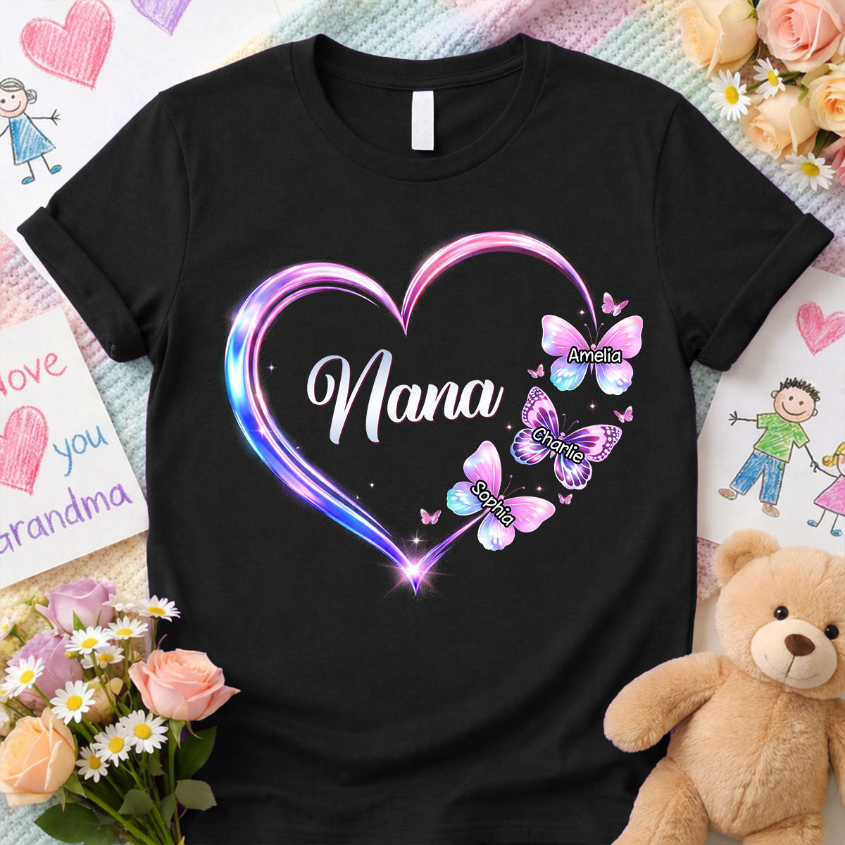 Grandma Mom Butterfly Heart with Kids' Names - Personalized Shirt - Sentimental Gift for Grandma, Mom
