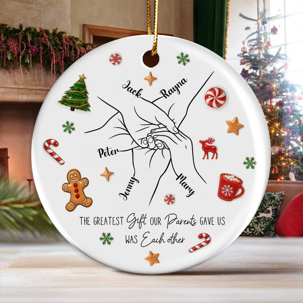 Sibling Hands Line Art - Personalized Ceramic Ornament - Christmas Gift For Brother, For Sister