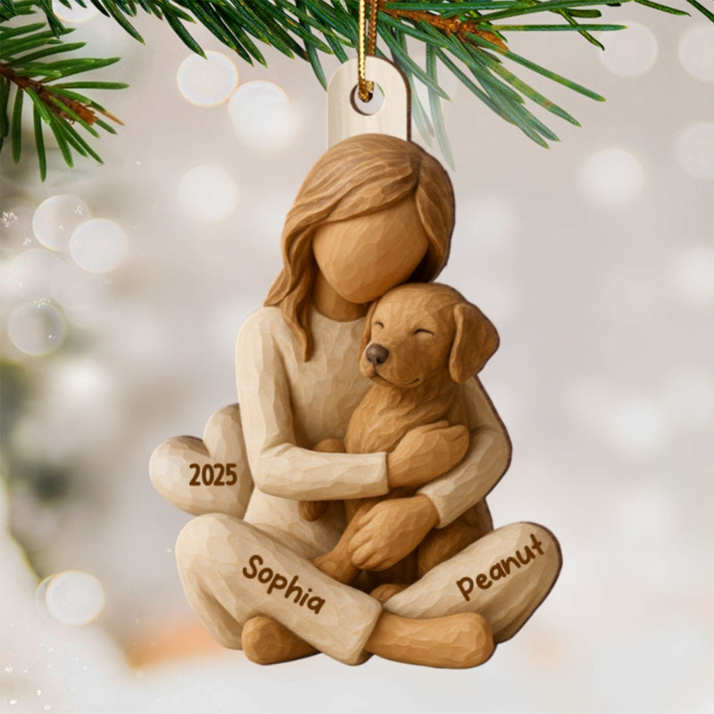 3D Effect Girl & Her Dog - Personalized Wooden Ornament - Gift For Dog Lover