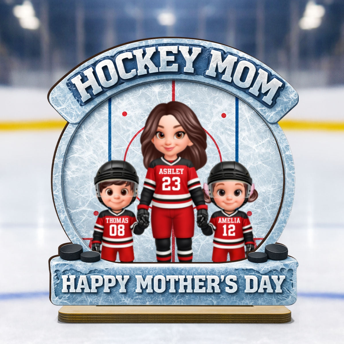 Hockey Mom Front View And Kids - Personalized 2-Layered Wooden Plaque - Mother's Day Gift For Hockey Mom, Gift For Wife