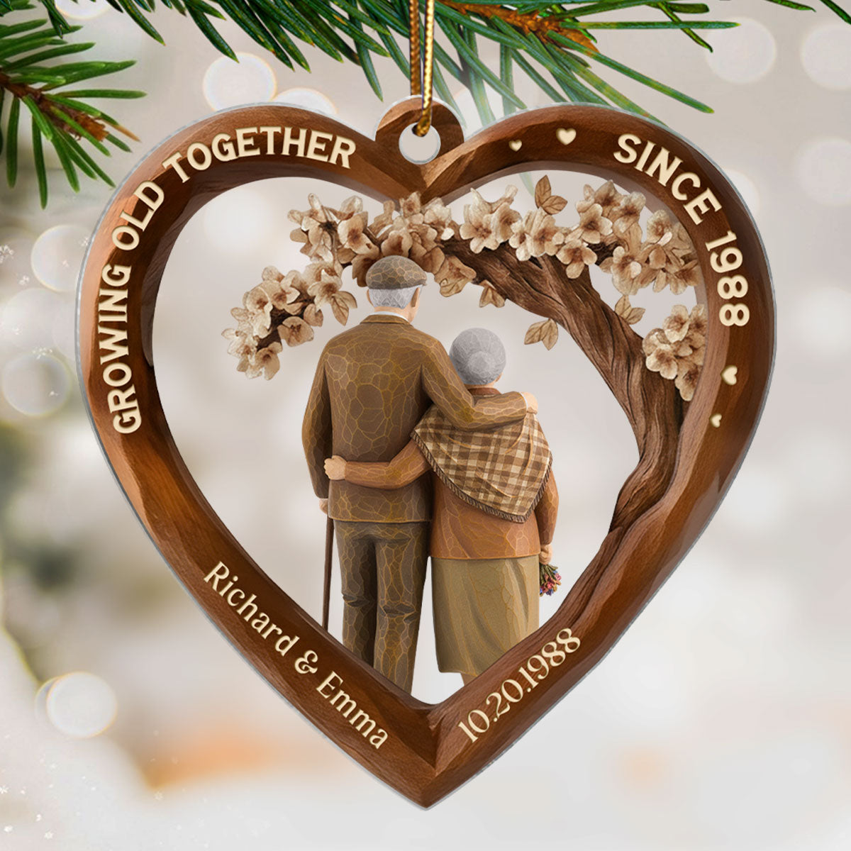 Growing Old Together Couple 3D Wooden Effect - Personalized Acrylic Ornament - Christmas Gift for Couples