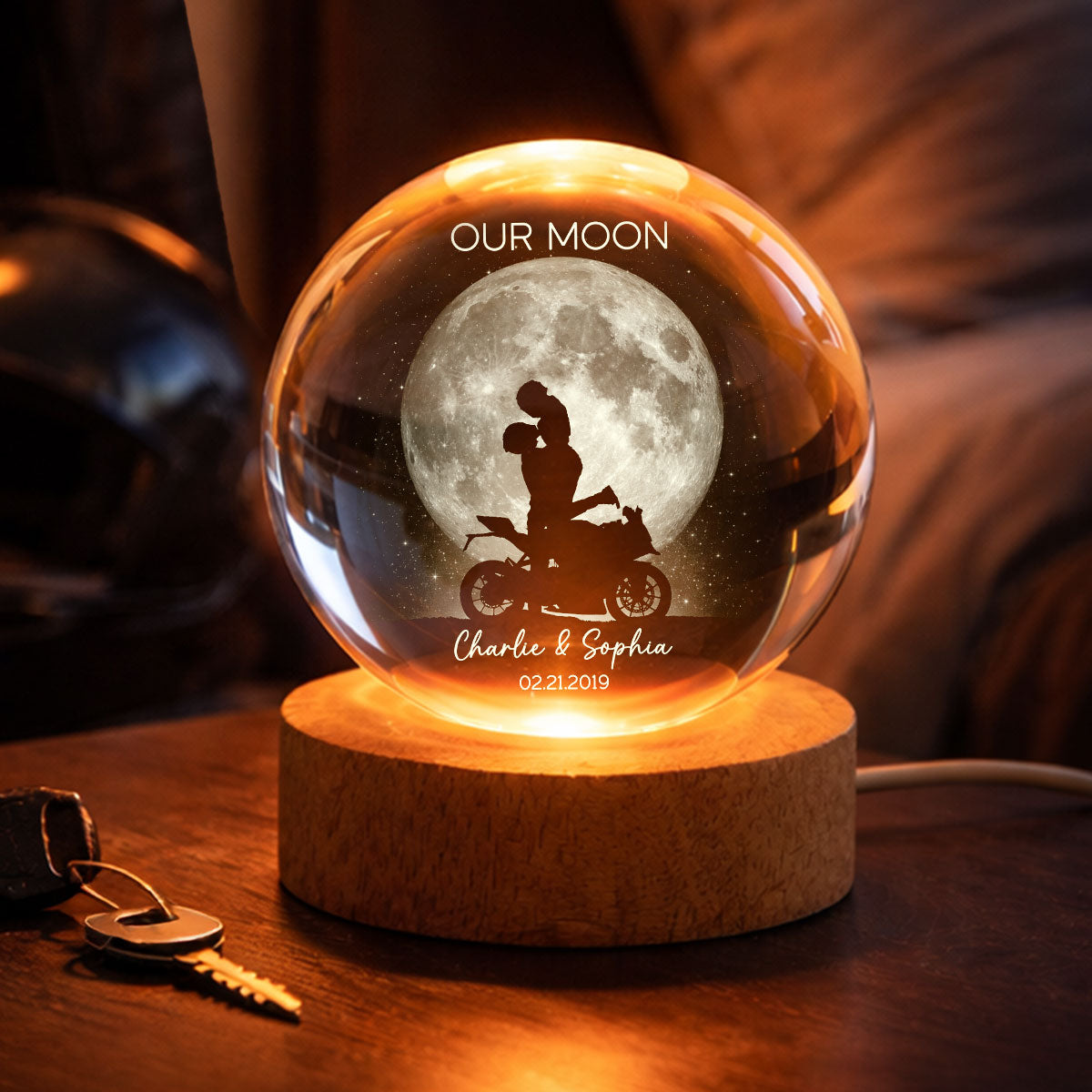 Biker Couple Kissing in the Moonlight, Custom Moon Phase by Date - Personalized Crystal Ball LED Night Light - Heartfelt Valentine's Day Gift for Her, for Him