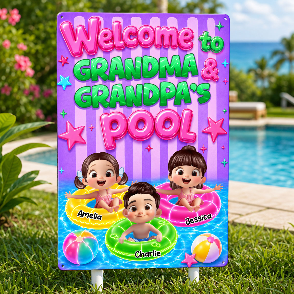 Neon Stripe Summer Welcome to Grandma Grandpa's Pool - Personalized Metal Sign - Trendy Summer Decor