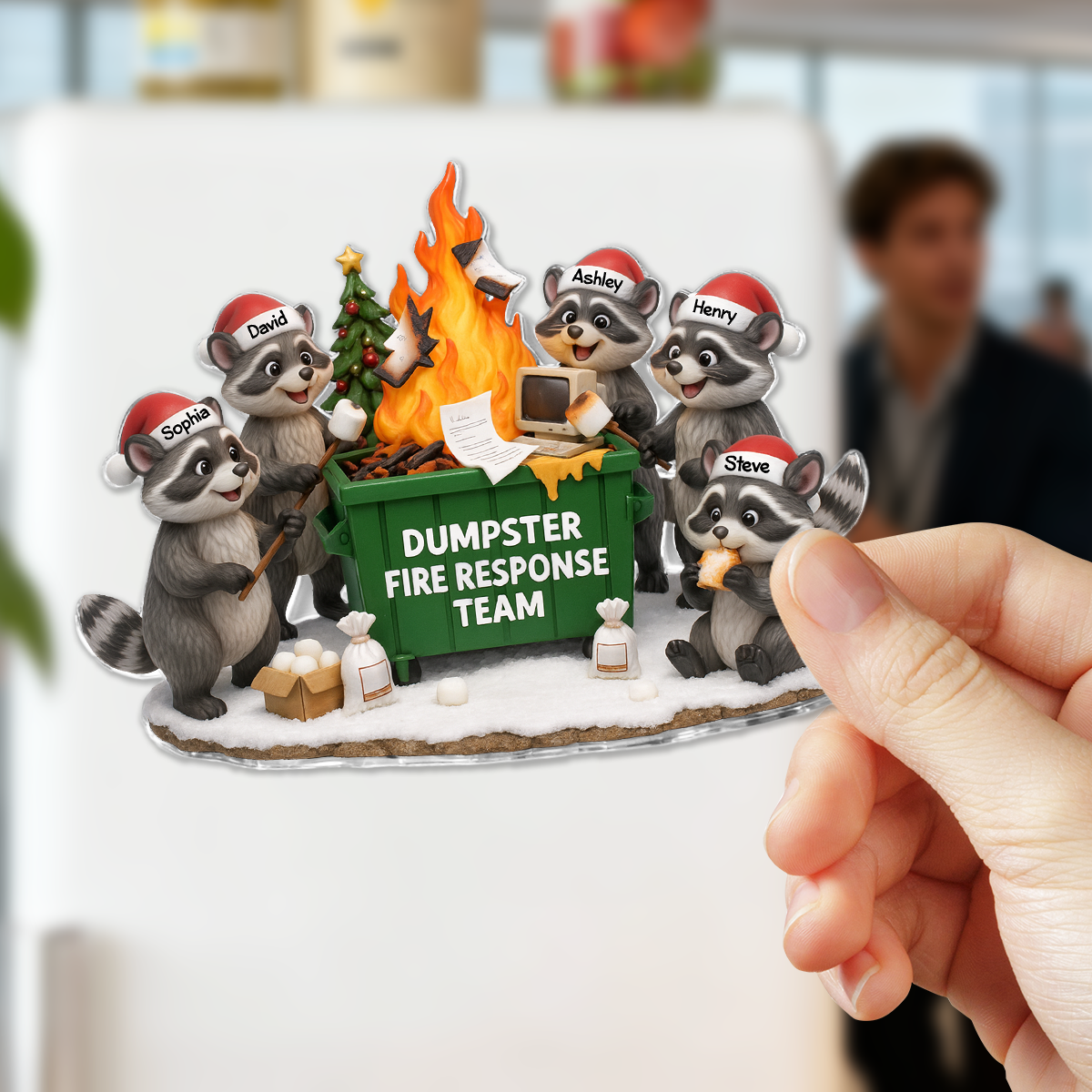 Funny Raccoon Dumpster on Fire Response Team - Personalized Acrylic Fridge Magnet - Funny Holiday Gift for Coworkers