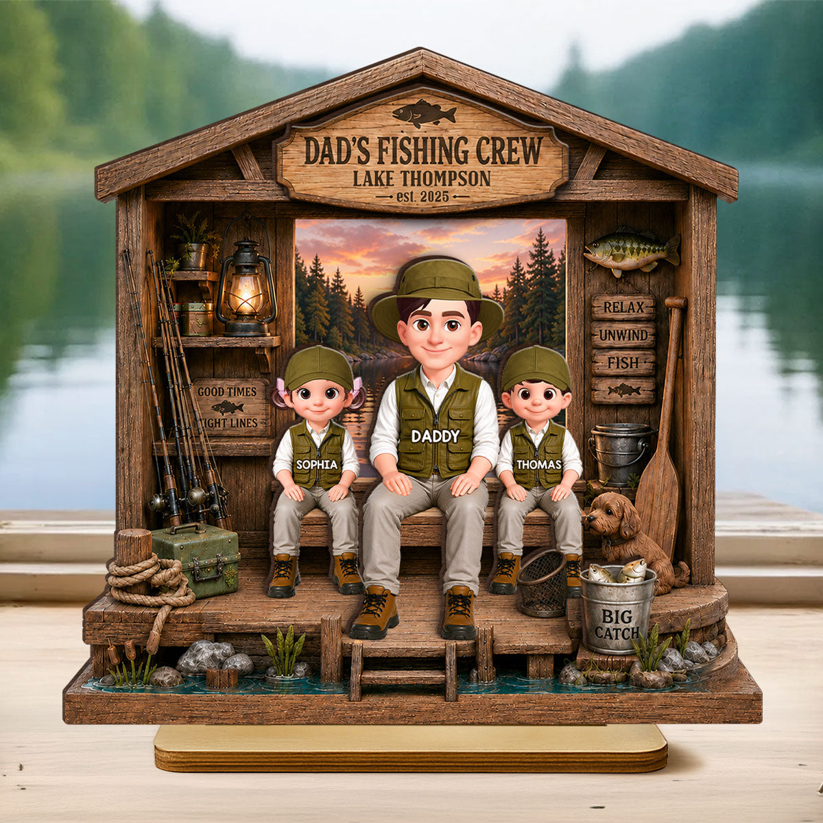 Daddy's Fishing Crew - Personalized 2-Layered Wooden Plaque -  Gift for Dad, Husband