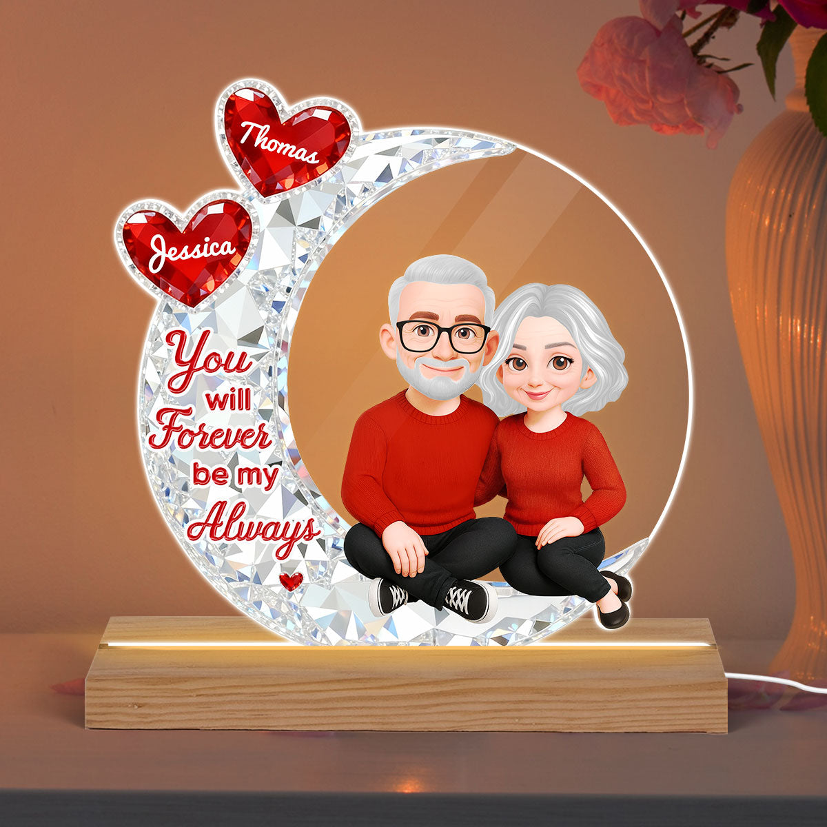 Eternal Love Couple Sitting On Moon - Personalized Plaque LED Night Light - Heartfelt Gift For Couple, Gift For Him, For Her