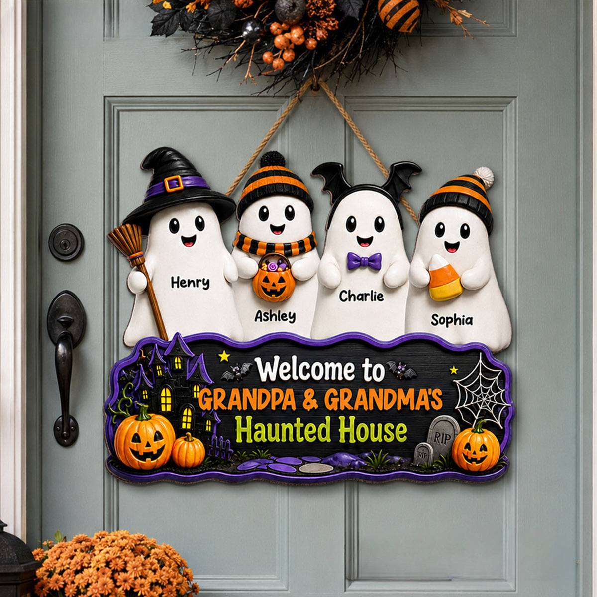 Halloween Welcome To Grandma Grandpa Haunted House Cute Boo Kids - Personalized Wood Sign - Halloween Decoration For Grandparents