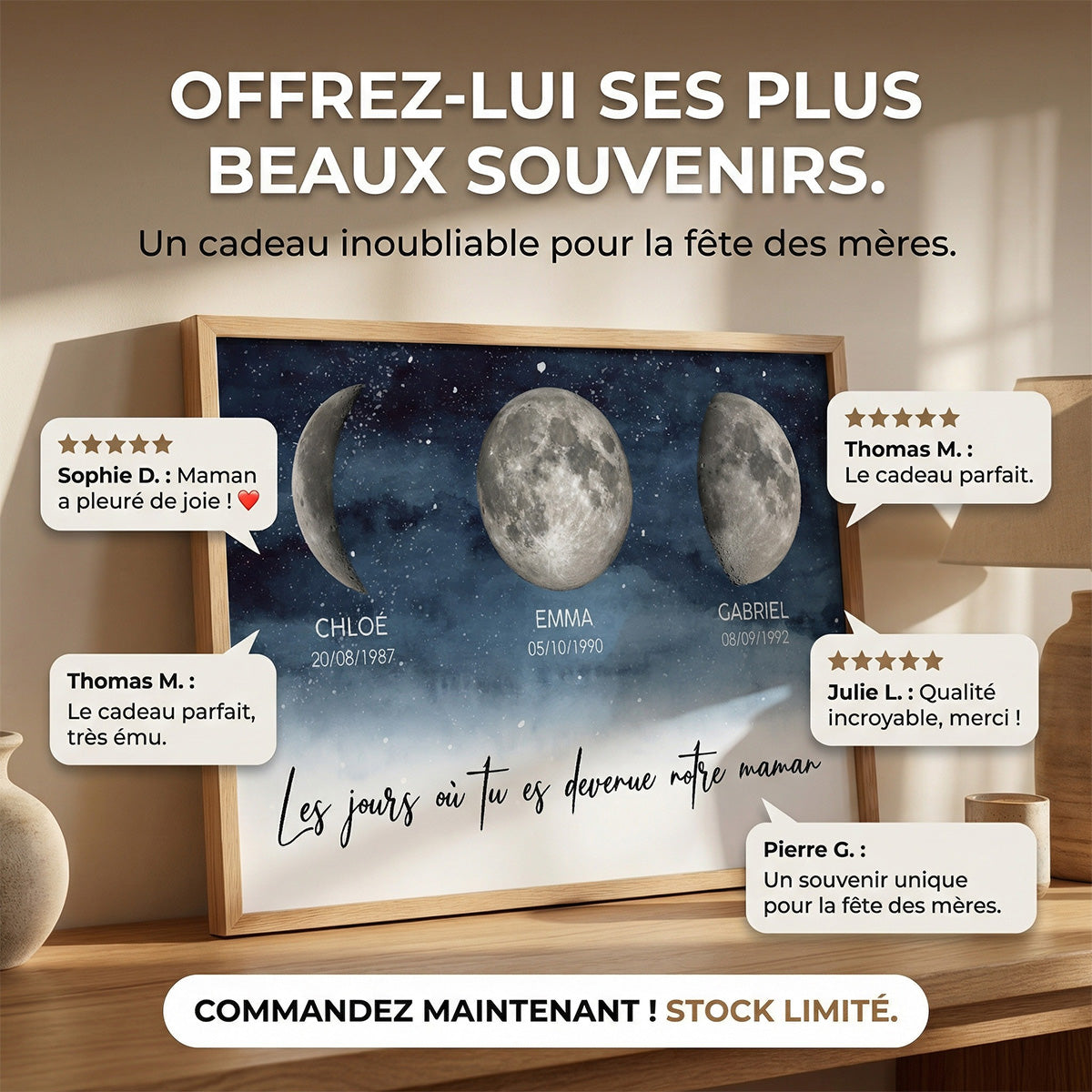 Nuit étoilée Le jour où tu es devenue Maman, Mamie – Affiche personnalisée avec phases de lune de naissance – Cadeau de Fête des Mères pour Maman ou Mamie