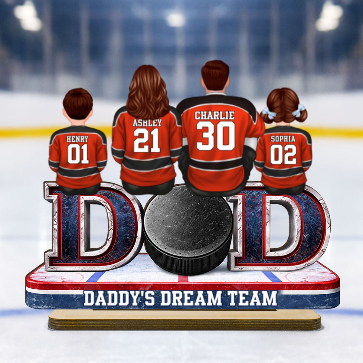 Hockey Dad Family Sitting Back View - Personalized 2-Layered Wooden Plaque - Heartfelt Gift For Hockey Dad, Gift For Husband, Gift For Family