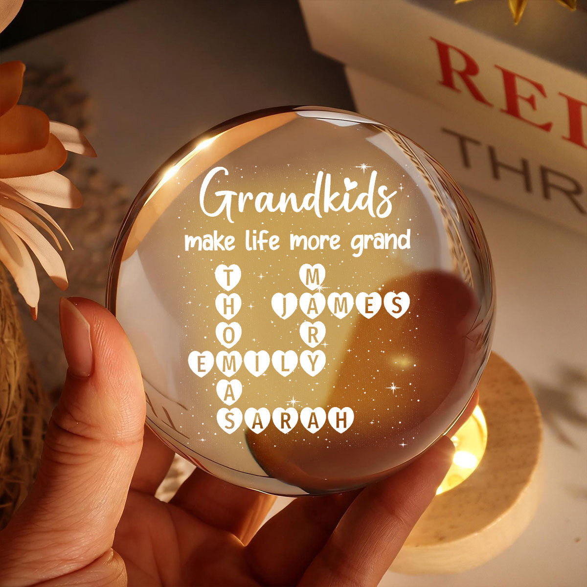 Grandkids Make Life Grand Crossword Puzzle Art - Personalized Crystal Ball Night Light